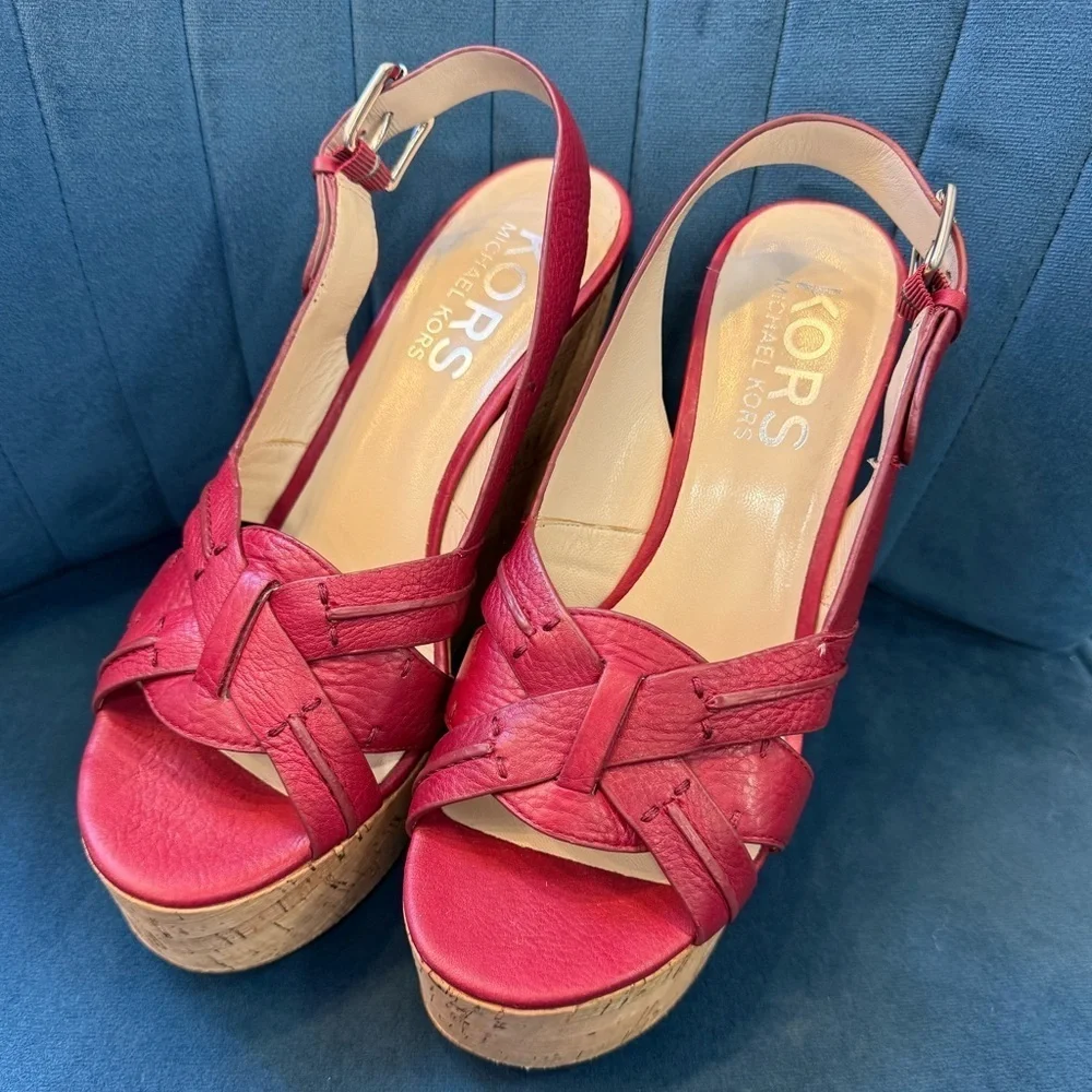 Michael Kors Red Leather Cork Wedge Sandals Size 10